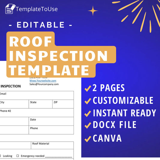 Promotional graphic for an editable roof inspection template, highlighting features such as customization, instant readiness, and compatibility with Docx file and Canva platform. Roof Inspection, Roofing Business, Service Form, Editable Template, Word, Canva