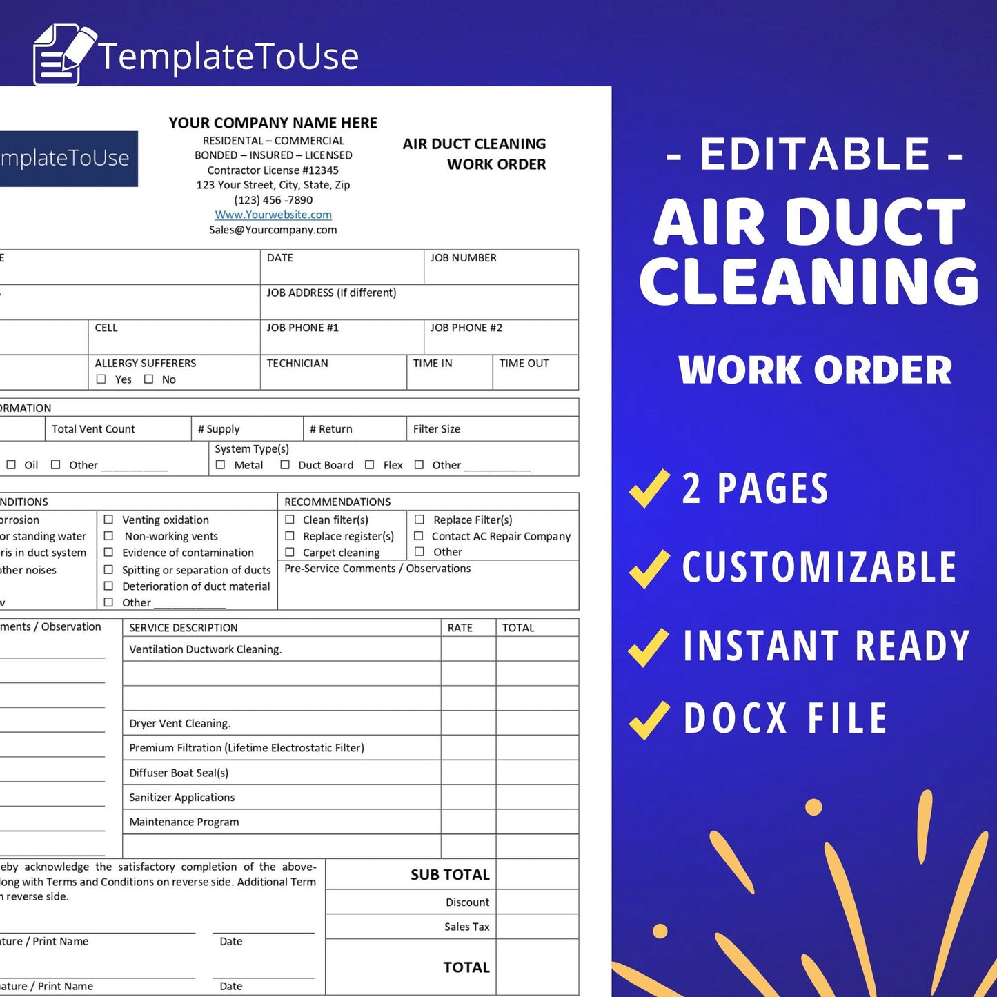 Air Duct Cleaning Work Order, Dryer Vent Cleaning, Business Template, Service Editable Form