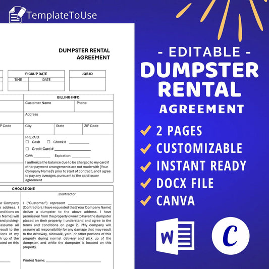 Promotional graphic for an editable dumpster rental agreement template, highlighting its customization features, page count, format, and design elements. Dumpster Rental Agreement Contract, Construction Waste Management Template, Editable Form