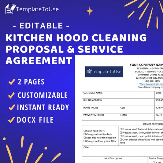Promotional graphic for a Kitchen Hood Cleaning Proposal & Service Agreement template, highlighting that it is customizable, editable, and instant ready with a DOCX file format. The graphic includes the TemplateToUse logo and a preview of the document's content. Kitchen Hood Cleaning Proposal Service Agreement, Kitchen Exhaust, Sales Quote, Service Proposal, Service Agreement, Editable Template