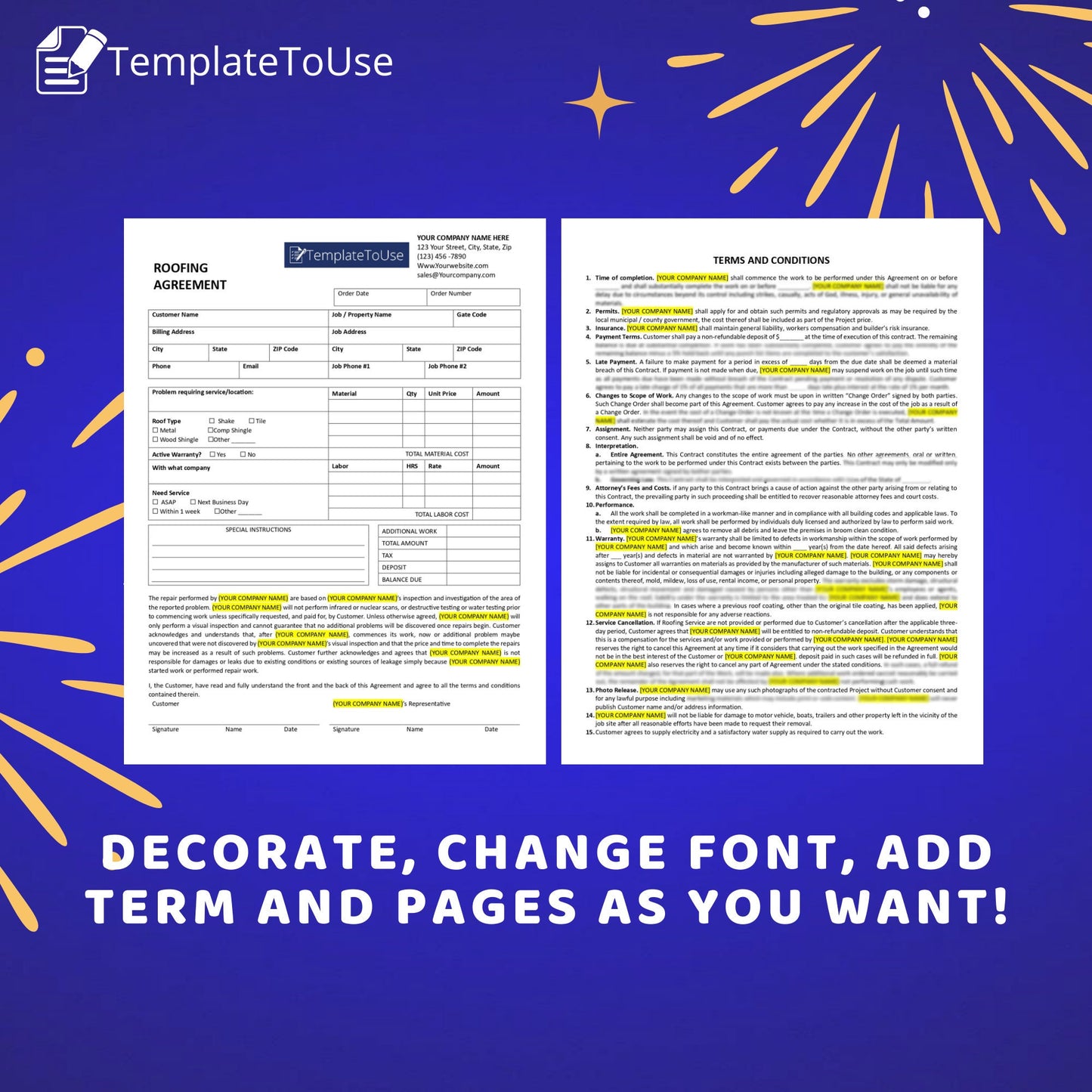 Roofing Agreement Contract, Roofing Business, Service Editable Template, Docx, Canva
