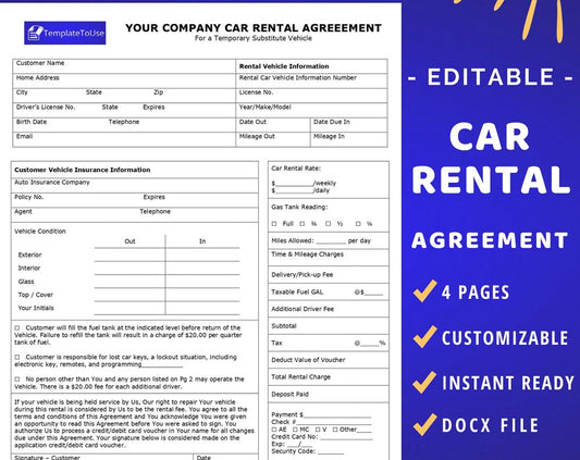 A preview of an editable car rental agreement template with four pages displayed, highlighting sections for customer information, vehicle details, payment, and definitions. The template is customizable and intended for use in Microsoft Word. Car Rental Agreement, Vehicle Lease Agreement, Self-Drive Car Leasing Business Contract, Editable Template