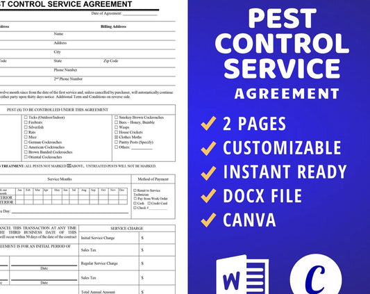 A promotional image featuring a customizable pest control service agreement template available in DOCX and Canva formats. The image highlights the agreement's features such as being customizable, instant ready, and consisting of 2 pages. Pest Control Service Agreement for your Pest Control Business, Editable Agreement Contract, Proposal, Docx, Canva template