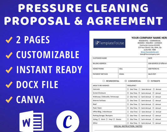 Promotional graphic for a Pressure Cleaning Service Proposal & Agreement template, highlighting its features such as customization, instant readiness, and compatibility with DOCX file format and Canva design tool. Pressure Cleaning Service Proposal Agreement, Power Washing, Pressure Washing, Sales Quote, Estimate, Cleaning Contract, Editable Template