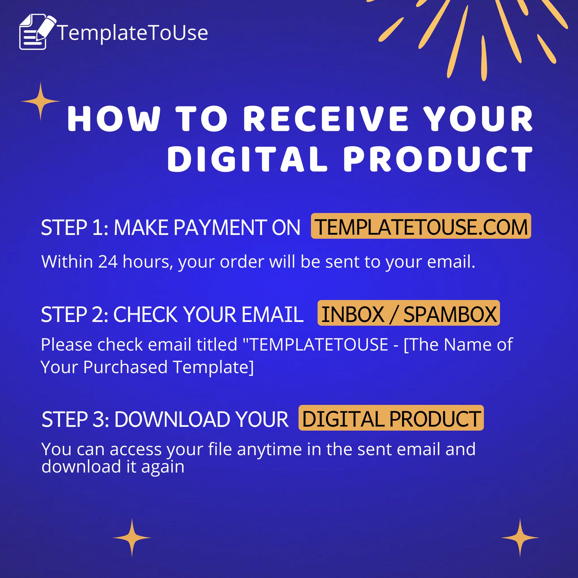 Instructions on how to receive a digital product with a blue background and yellow text.