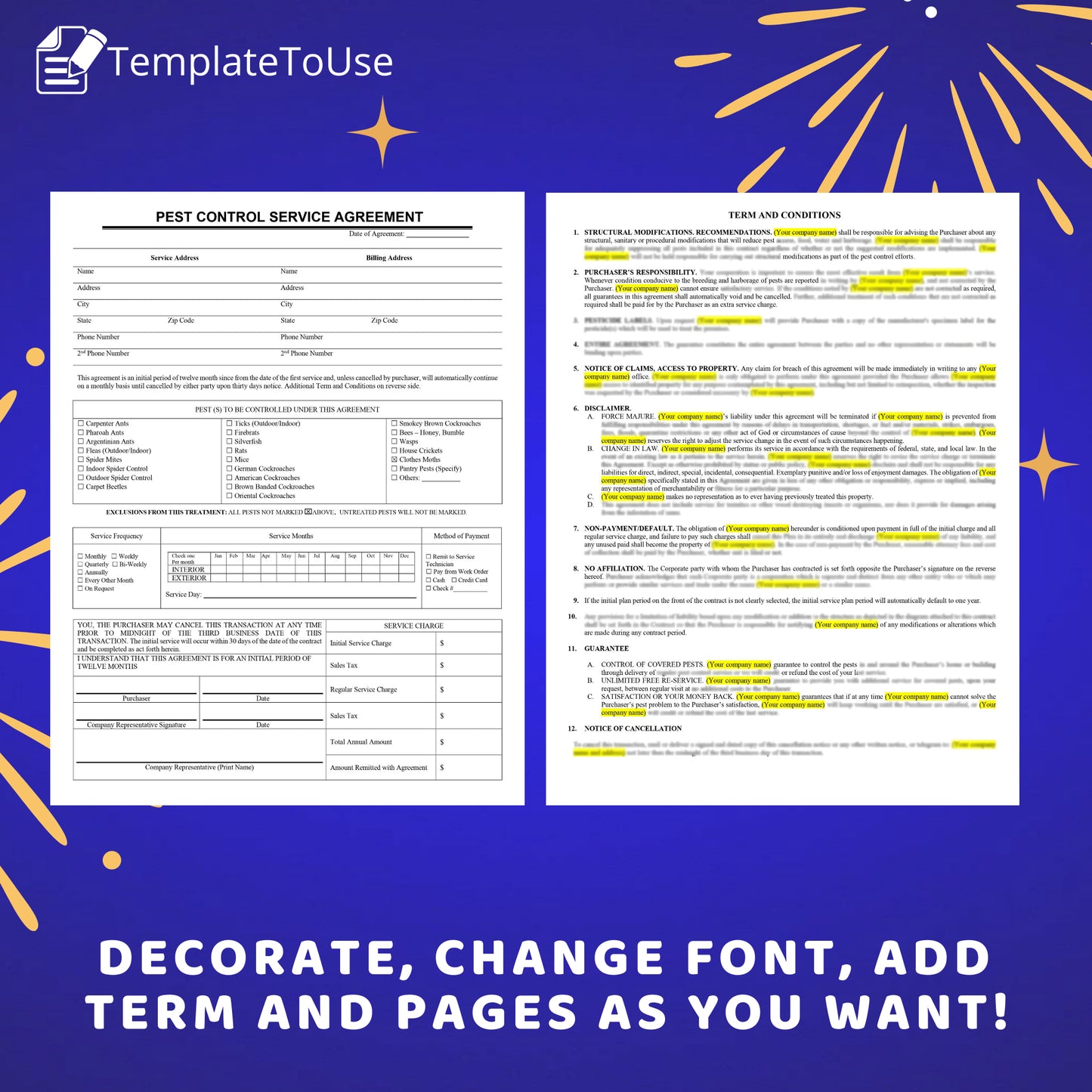 Pest Control Service Agreement for your Pest Control Business, Editable Agreement Contract, Proposal, Docx, Canva template