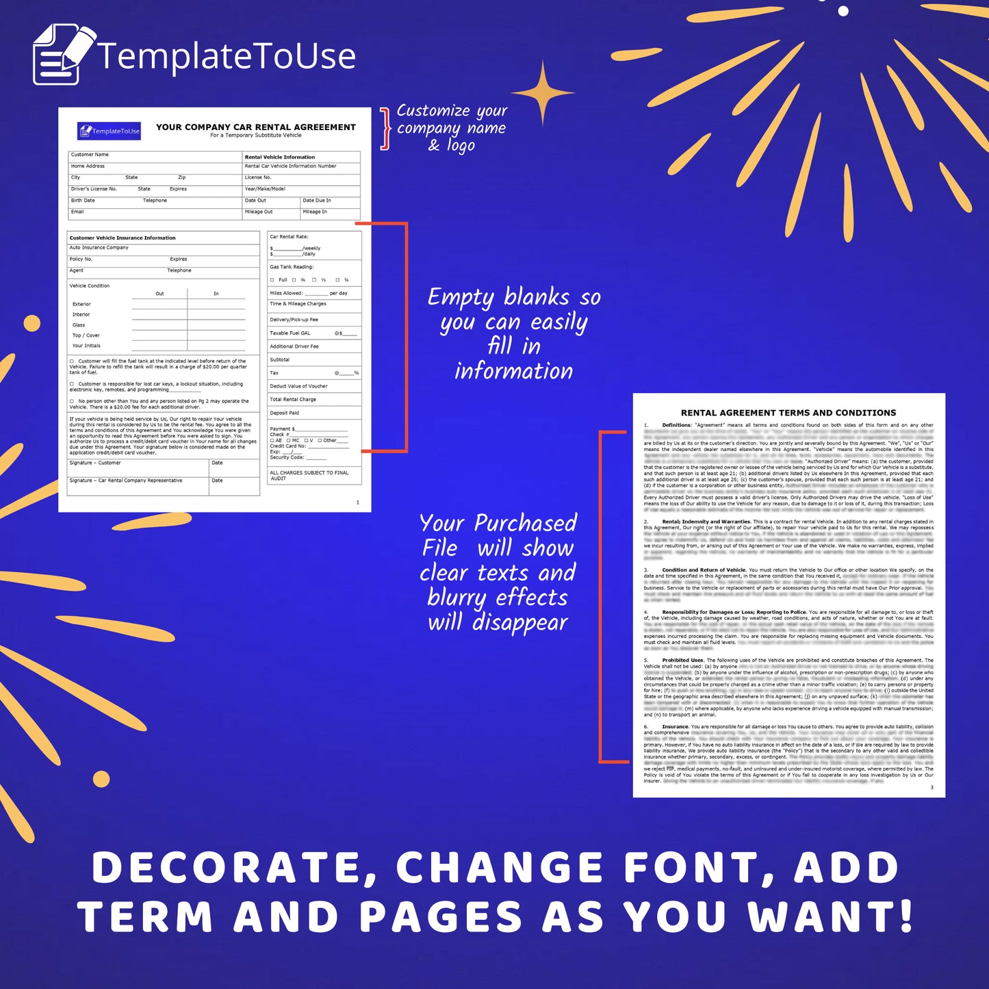 Car Rental Agreement, Vehicle Lease Agreement, Self-Drive Car Leasing Business Contract, Editable Template