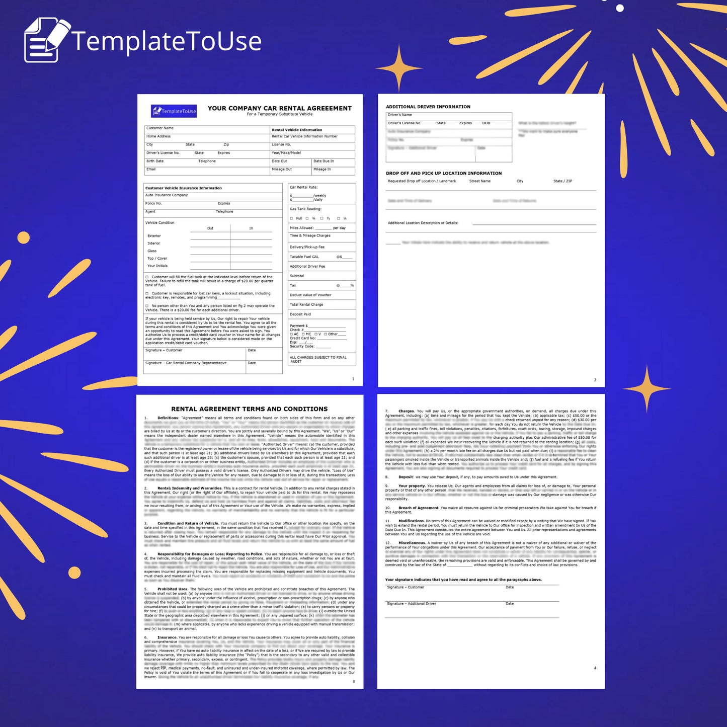 Car Rental Agreement, Vehicle Lease Agreement, Self-Drive Car Leasing Business Contract, Editable Template