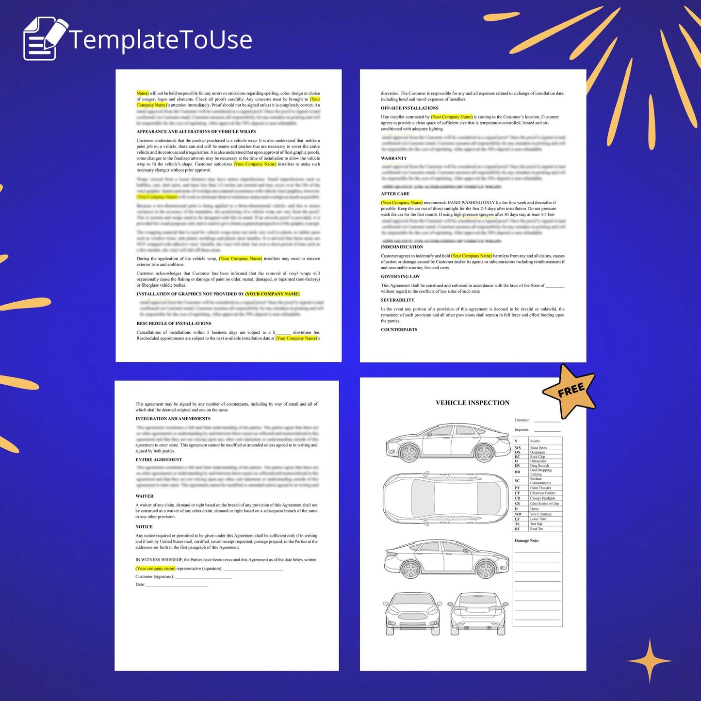 Vehicle Wrap Service Agreement for Off-site Installation, Car Inspection Form, Vinyl Wrap Service Contract, Editable Template, Docx, Canva