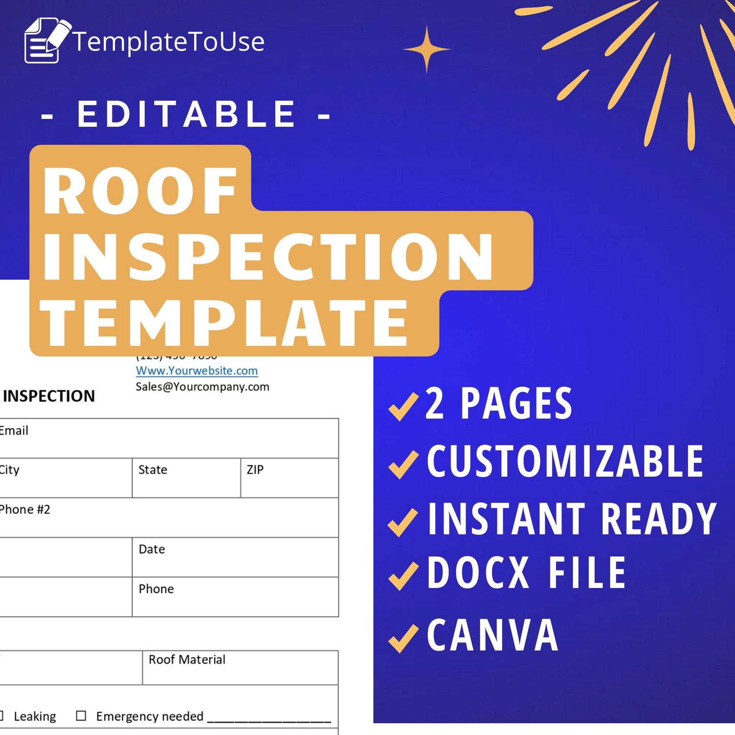 Roof Inspection, Roofing Business, Service Form, Editable Template, Word, Canva