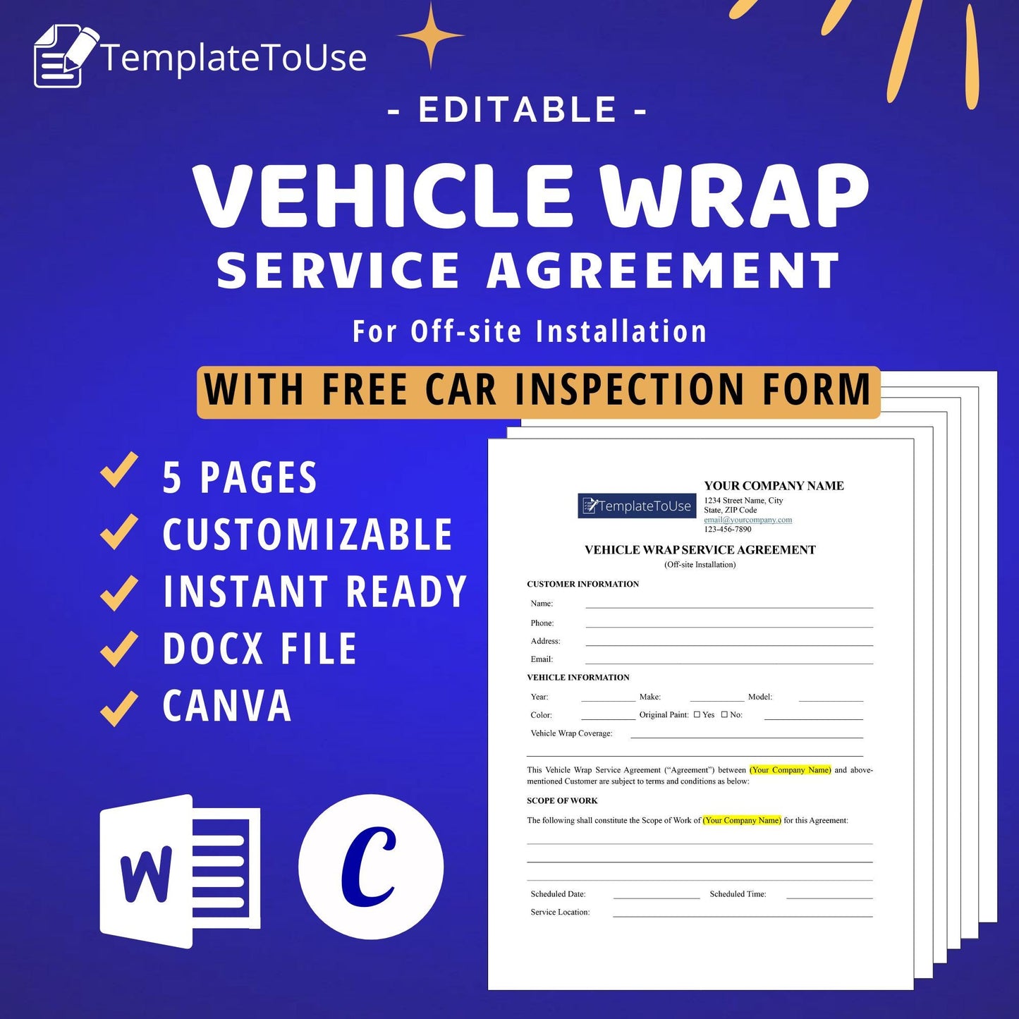 Vehicle Wrap Service Agreement for Off-site Installation, Car Inspection Form, Vinyl Wrap Service Contract, Editable Template, Docx, Canva