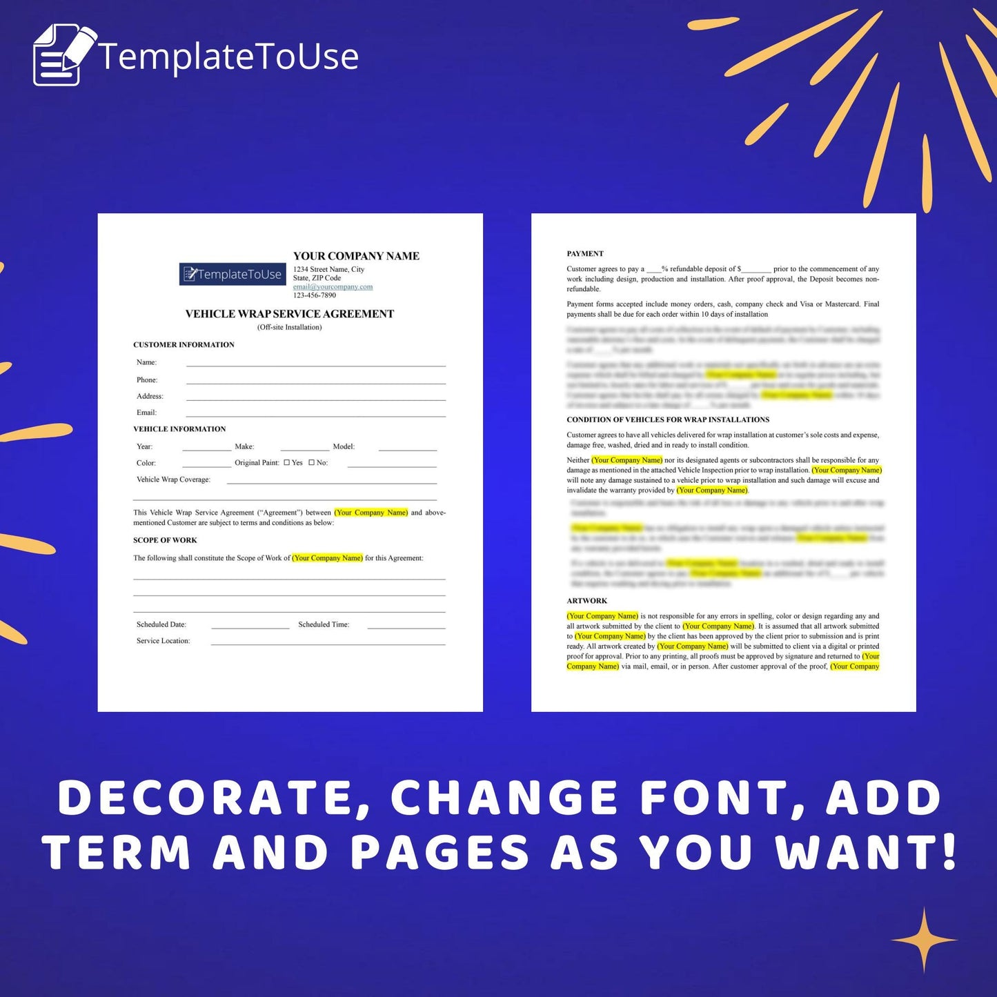 Vehicle Wrap Service Agreement for Off-site Installation, Car Inspection Form, Vinyl Wrap Service Contract, Editable Template, Docx, Canva