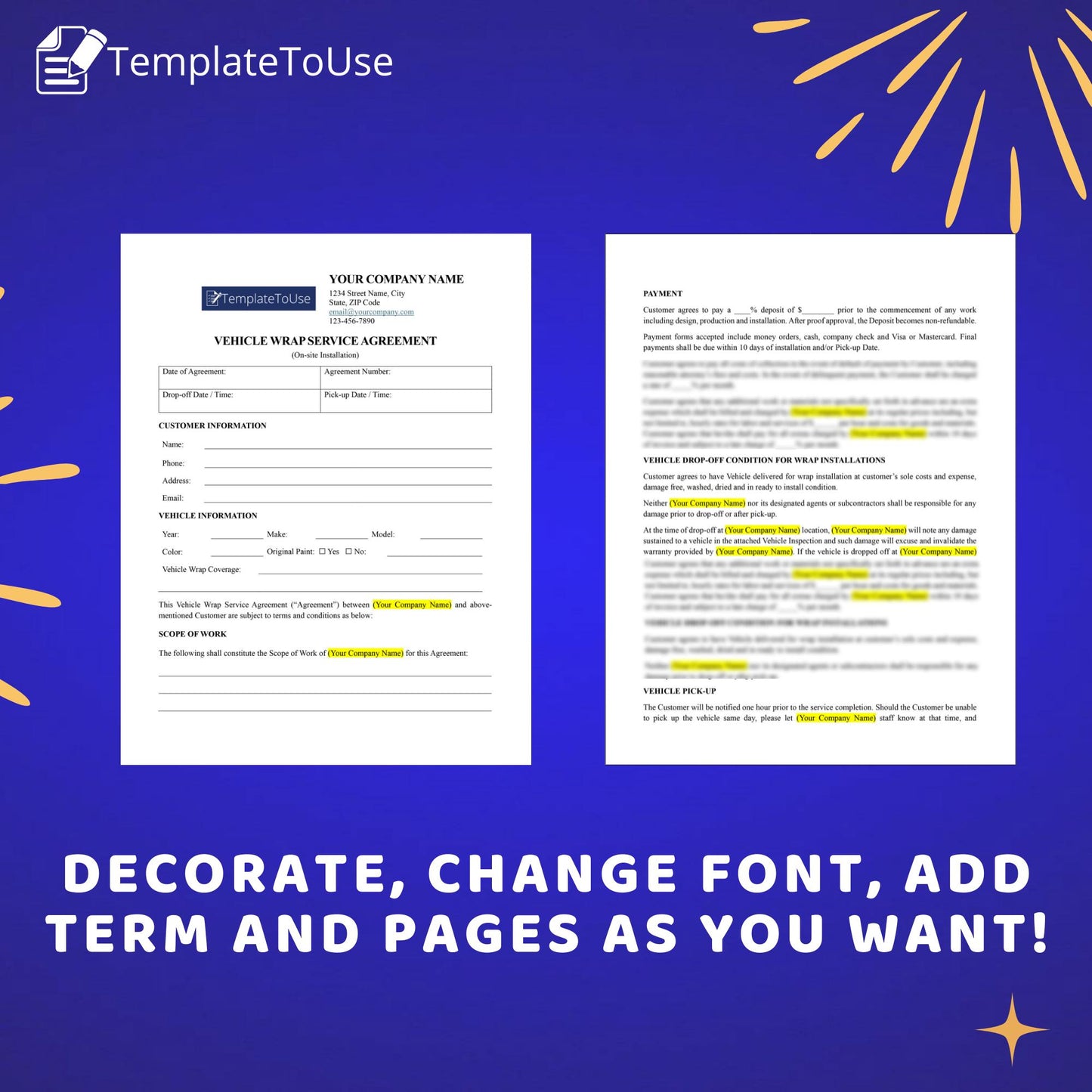 Vehicle Wrap Service Agreement for On-site Installation, Car Inspection Form, Vinyl Wrap Service Contract, Editable Template, Docx, Canva