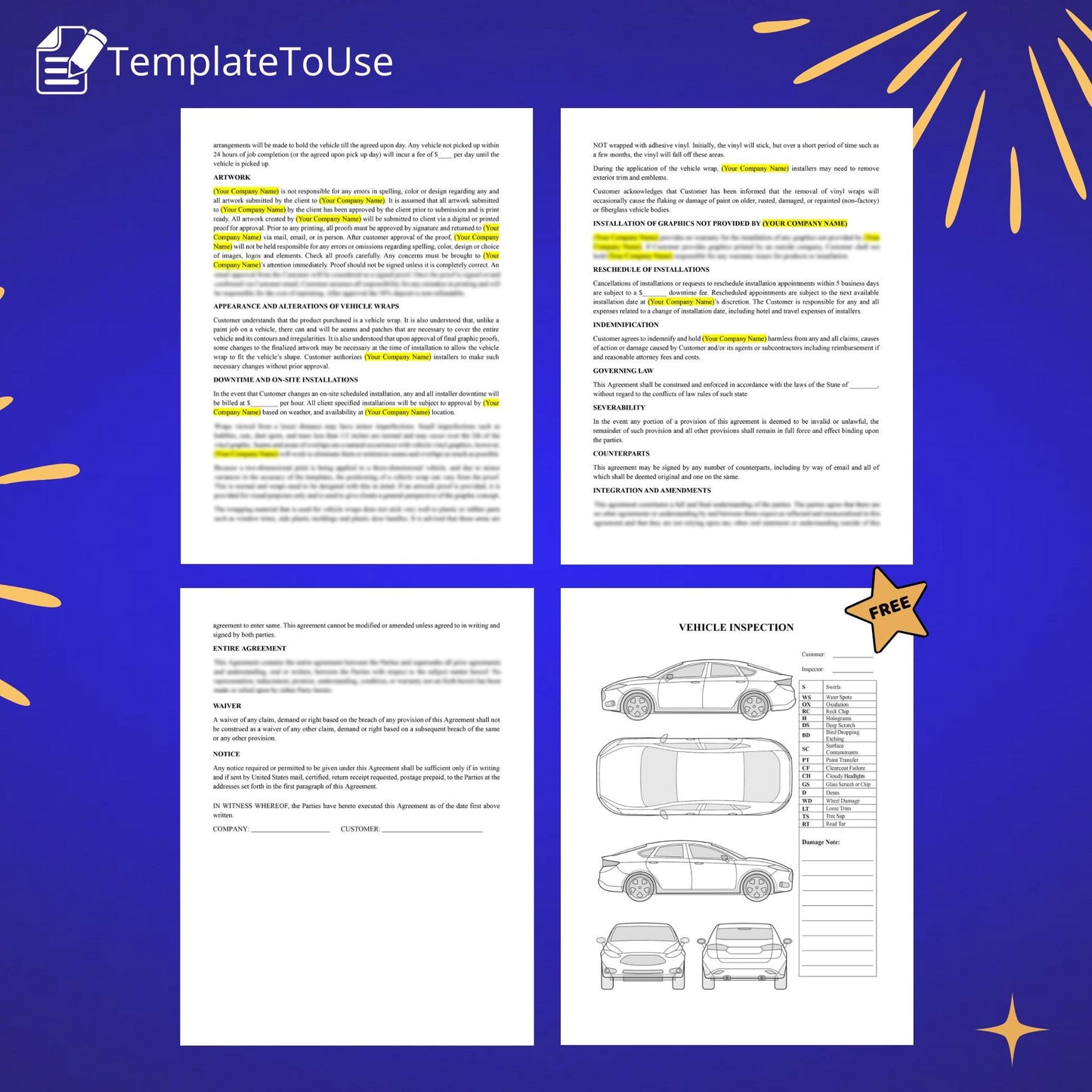 Vehicle Wrap Service Agreement for On-site Installation, Car Inspection Form, Vinyl Wrap Service Contract, Editable Template, Docx, Canva