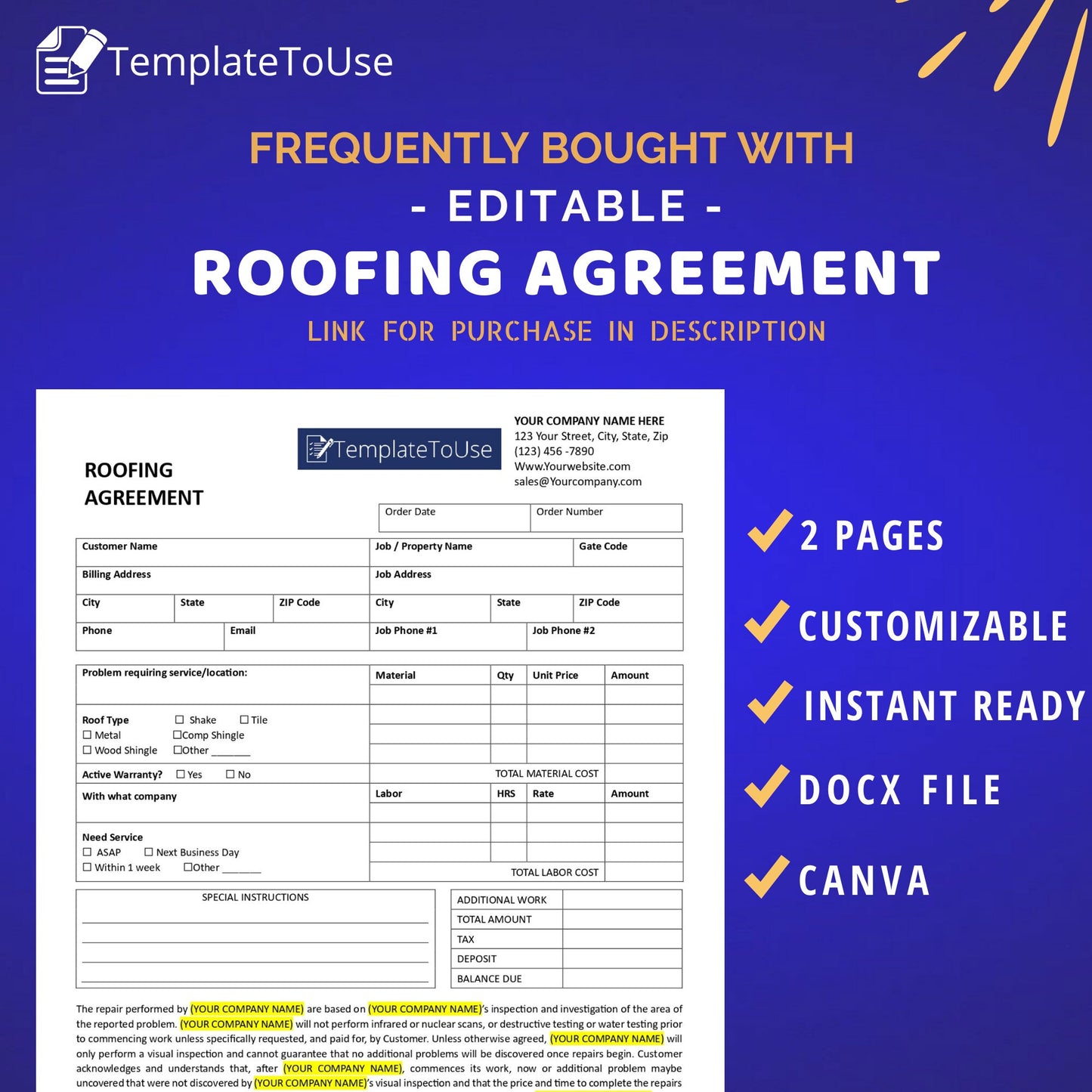 Roof Inspection, Roofing Business, Service Form, Editable Template, Word, Canva
