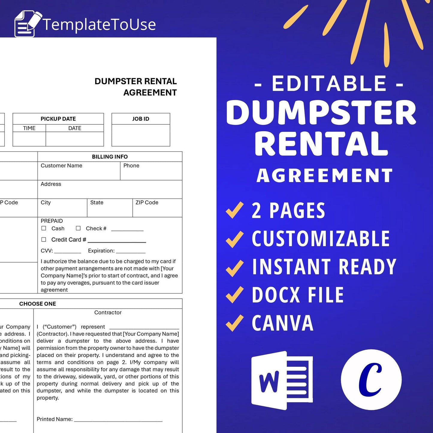 Dumpster Rental Agreement Contract, Construction Waste Management Template, Editable Form