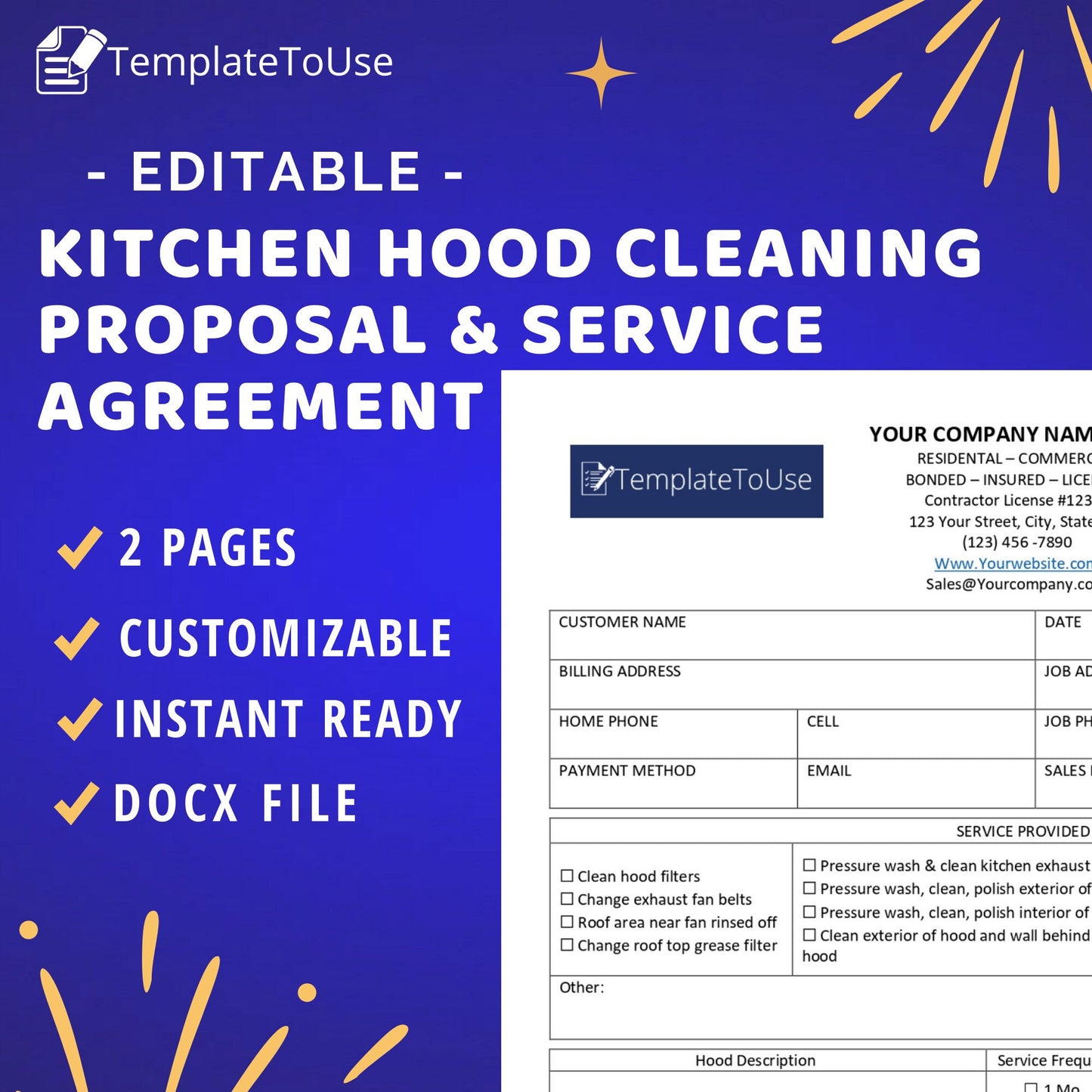 Kitchen Hood Cleaning Proposal Service Agreement, Kitchen Exhaust, Sales Quote, Service Proposal, Service Agreement, Editable Template