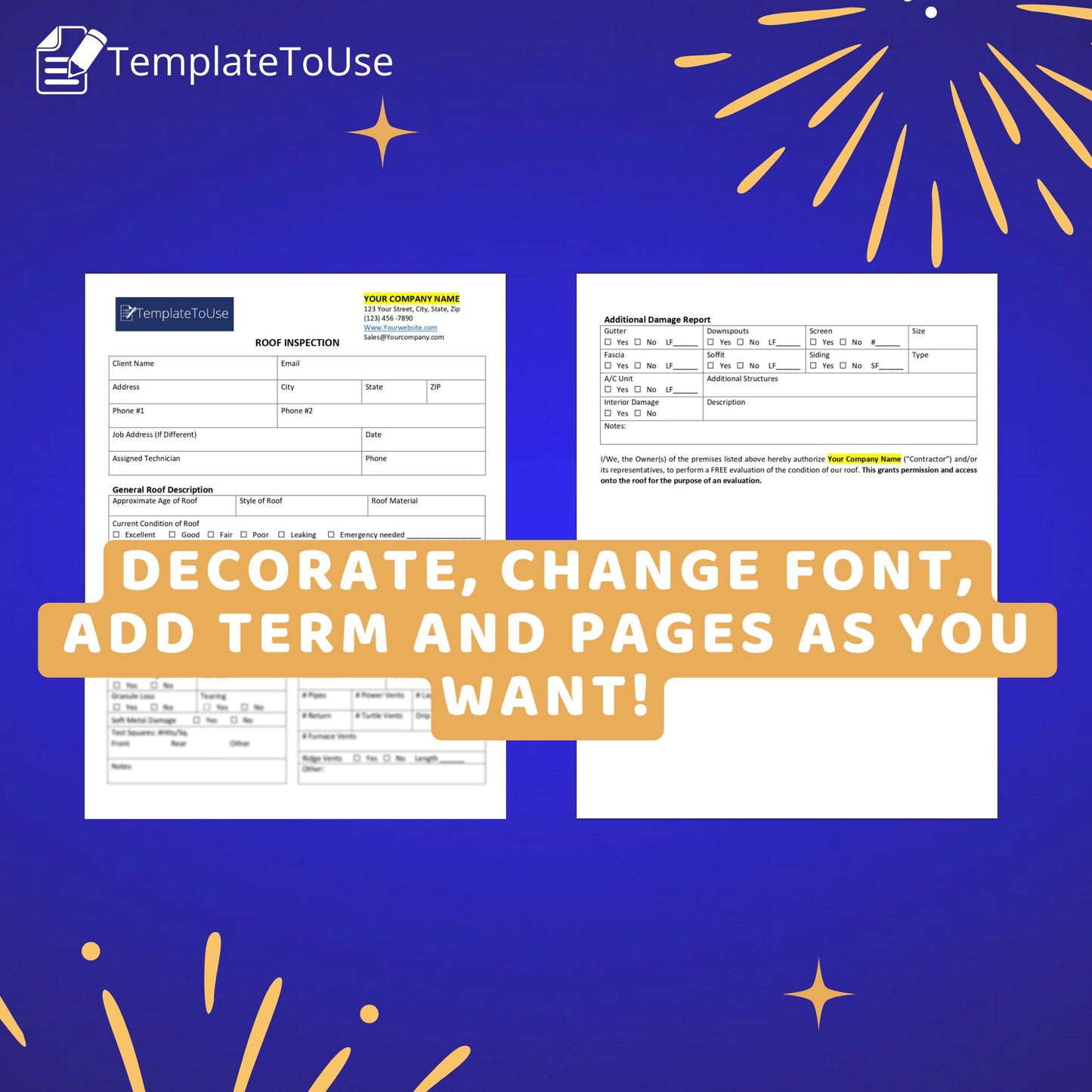 Roof Inspection, Roofing Business, Service Form, Editable Template, Word, Canva