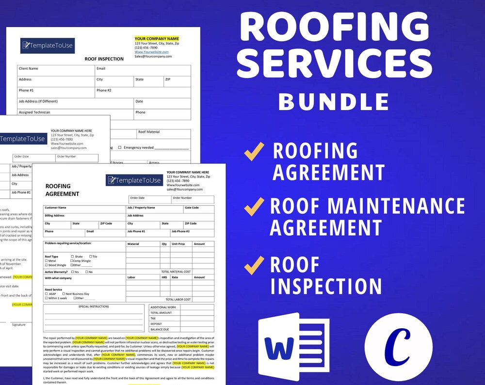 Roofing Agreement Contract Bundle, Roofing Business, Service Editable Template, Docx, Canva