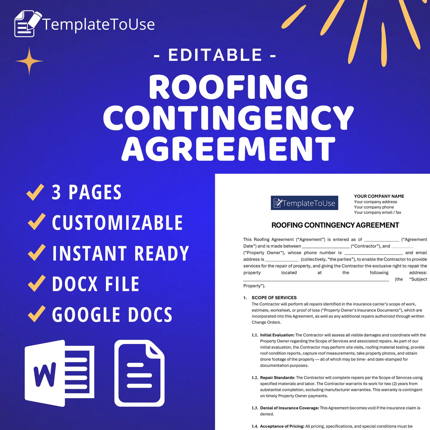 Promotional graphic for a roofing contingency agreement template with features and branding. Contingency Agreement for Roofing, Roof Repair, Roof Replacement, Roofing Contract, Service Editable Form Template, Docx, Google Docs