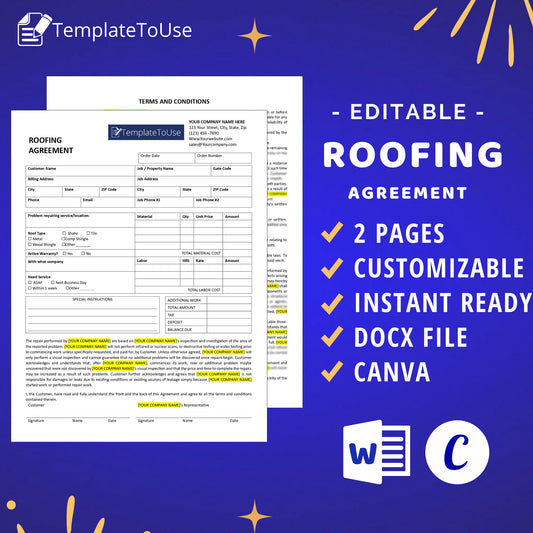 Roofing Agreement Contract Bundle, Roofing Business, Service Editable Template, Docx, Canva