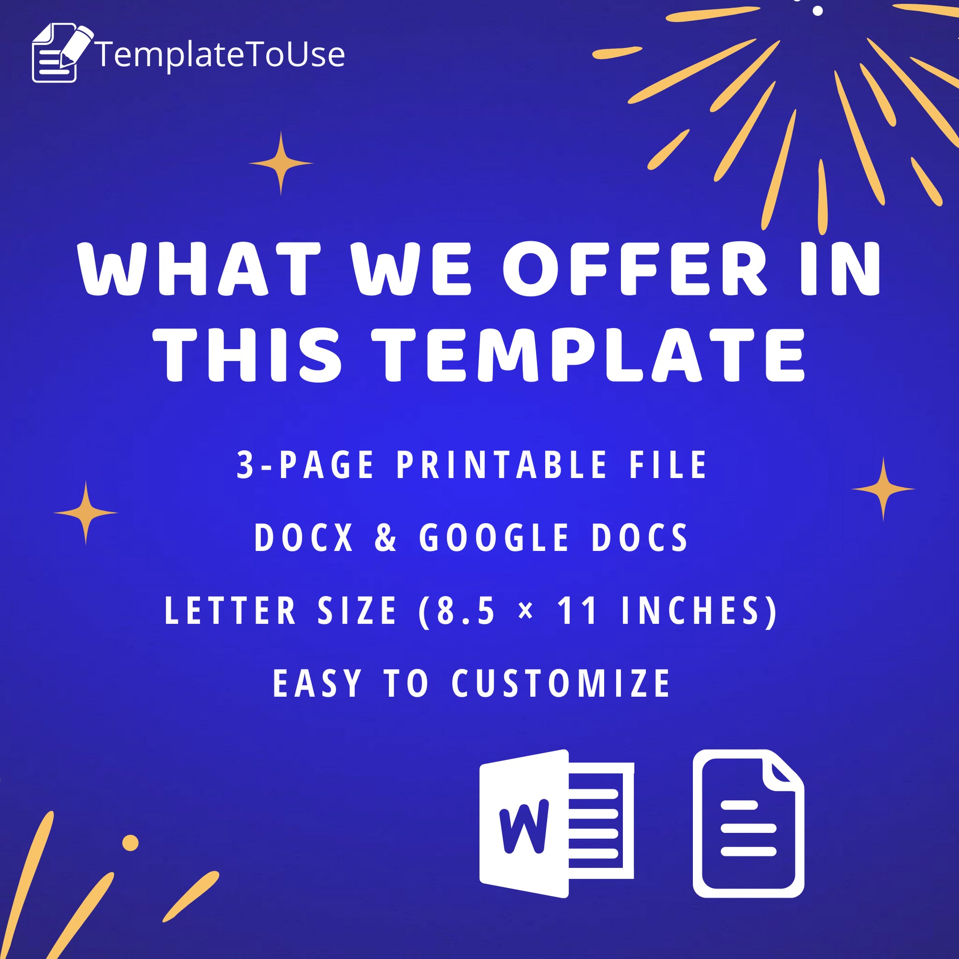 Promotional graphic for a template with text about its features on a blue background. Contingency Agreement for Roofing, Roof Repair, Roof Replacement, Roofing Contract, Service Editable Form Template, Docx, Google Docs