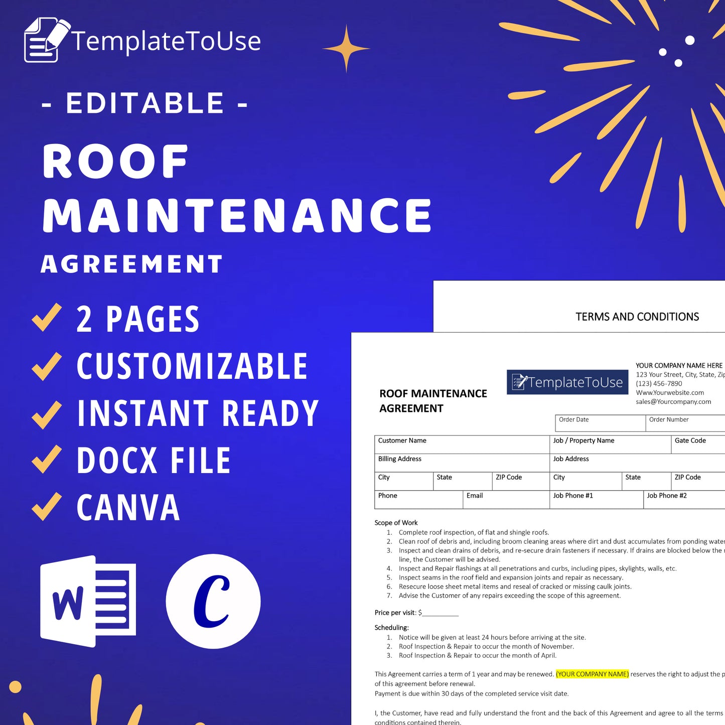 Roofing Agreement Contract Bundle, Roofing Business, Service Editable Template, Docx, Canva
