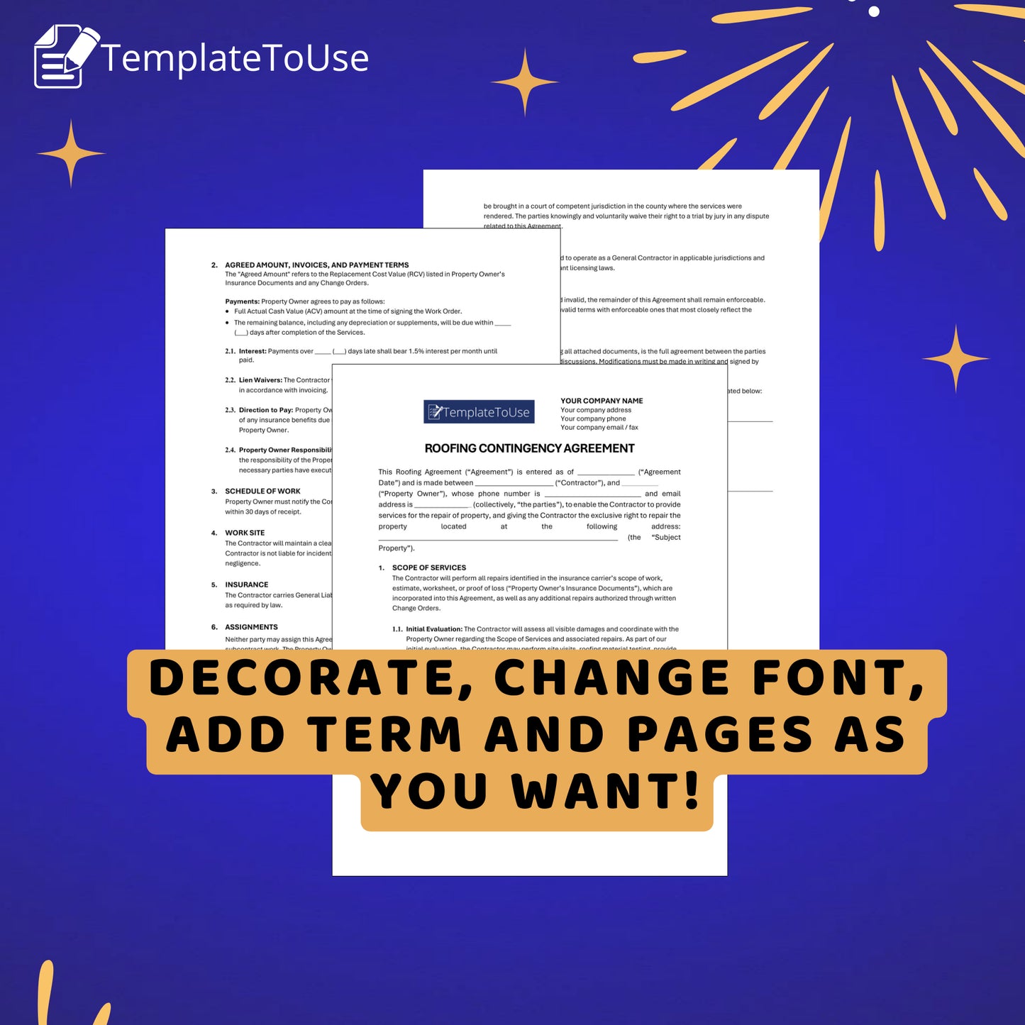 Document on a blue background with decorative elements and text. Contingency Agreement for Roofing, Roof Repair, Roof Replacement, Roofing Contract, Service Editable Form Template, Docx, Google Docs